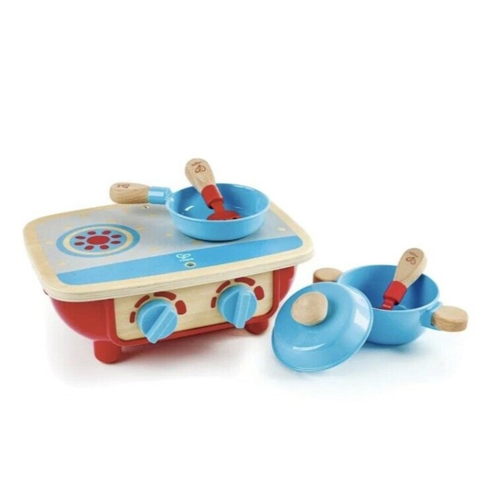 Hape E3170 Wood Toddler Kitchen Set Knob Clicks Pot and Pans with Lids Realistic